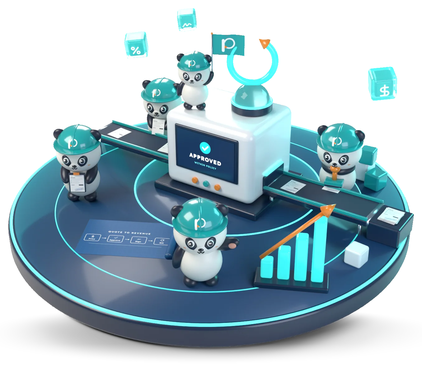 Pandas in teal hard hats running quotes through an approval machine: drafts go in on one belt and come out stamped approved on the other.